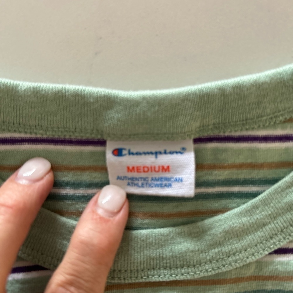 Champion Short Sleeves Striped T-Shirt Green Unisex Size Medium - Picture 6 of 7